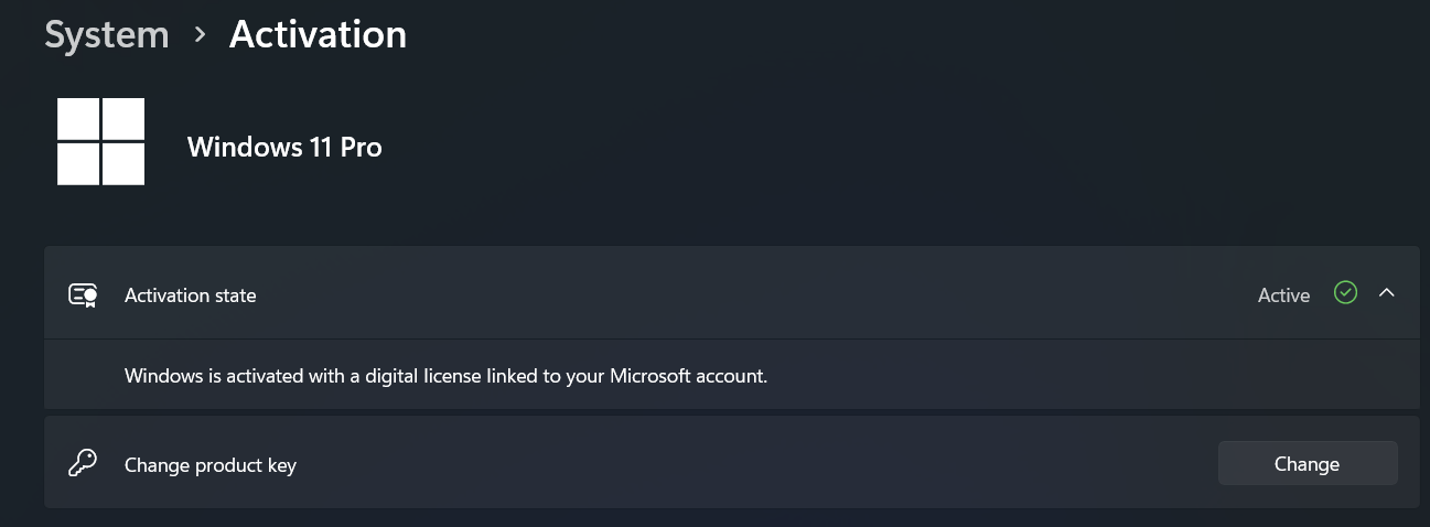 The Win 11 system activation screen.

It mentions that my license is tied to my Microsoft account.