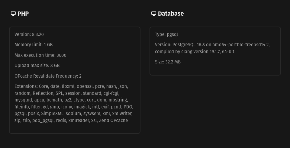 Screenshot of the system specifications in the Nextcloud Admin Dashboard, showing the installed version and extensions of PHP, as well as the version of the PostgreSQL database.
