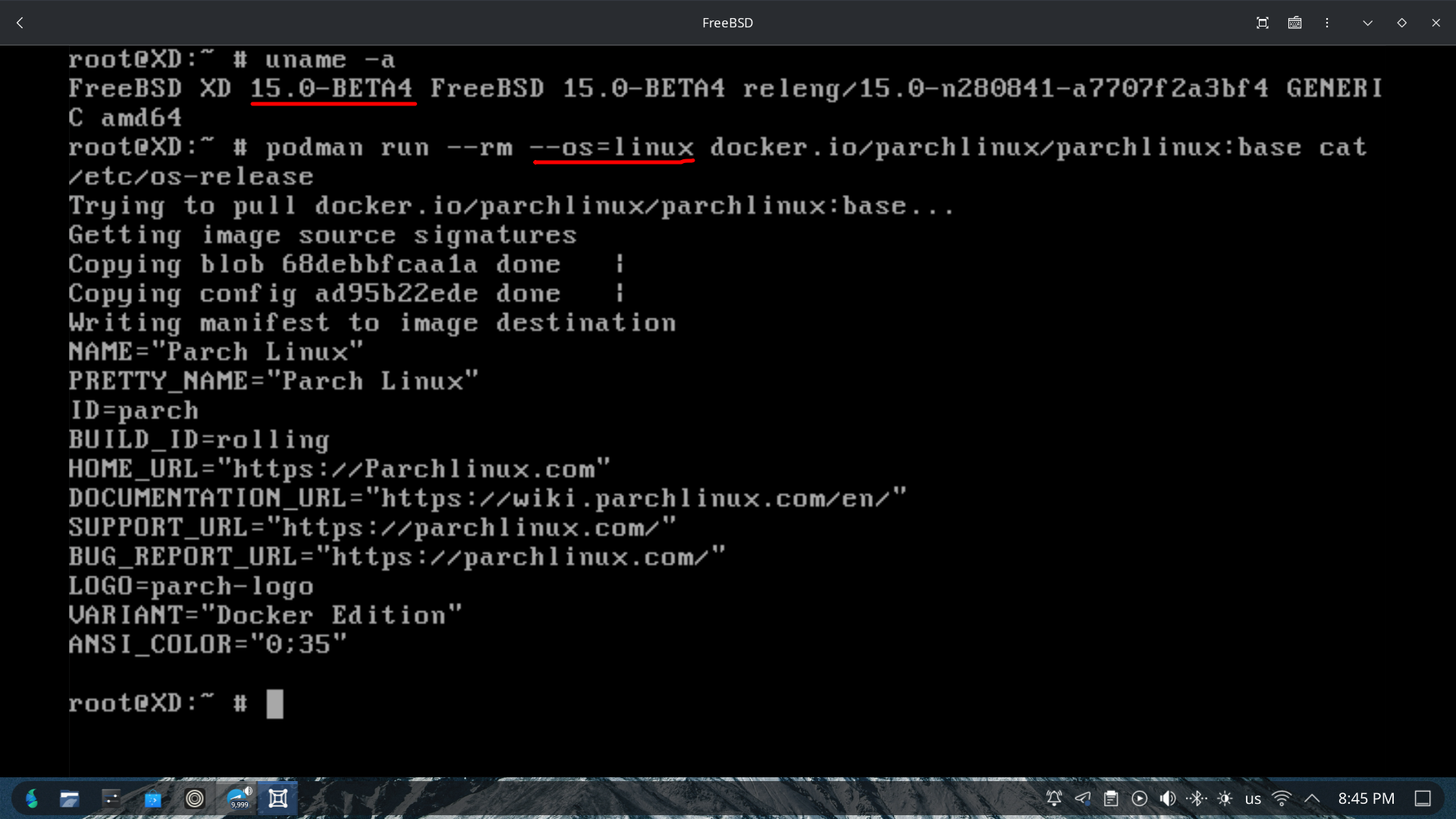 Parch Linux Image on FreeBSD 15 beta 4 with Podman