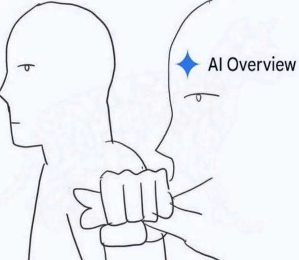 a line-art of one person labeled "AI Overview" attempting to speak, while a second weary-looking person has silenced them by grabbed them by their lips in a fashion similar to how one might pinch off a bag or balloon, preventing air from escaping.