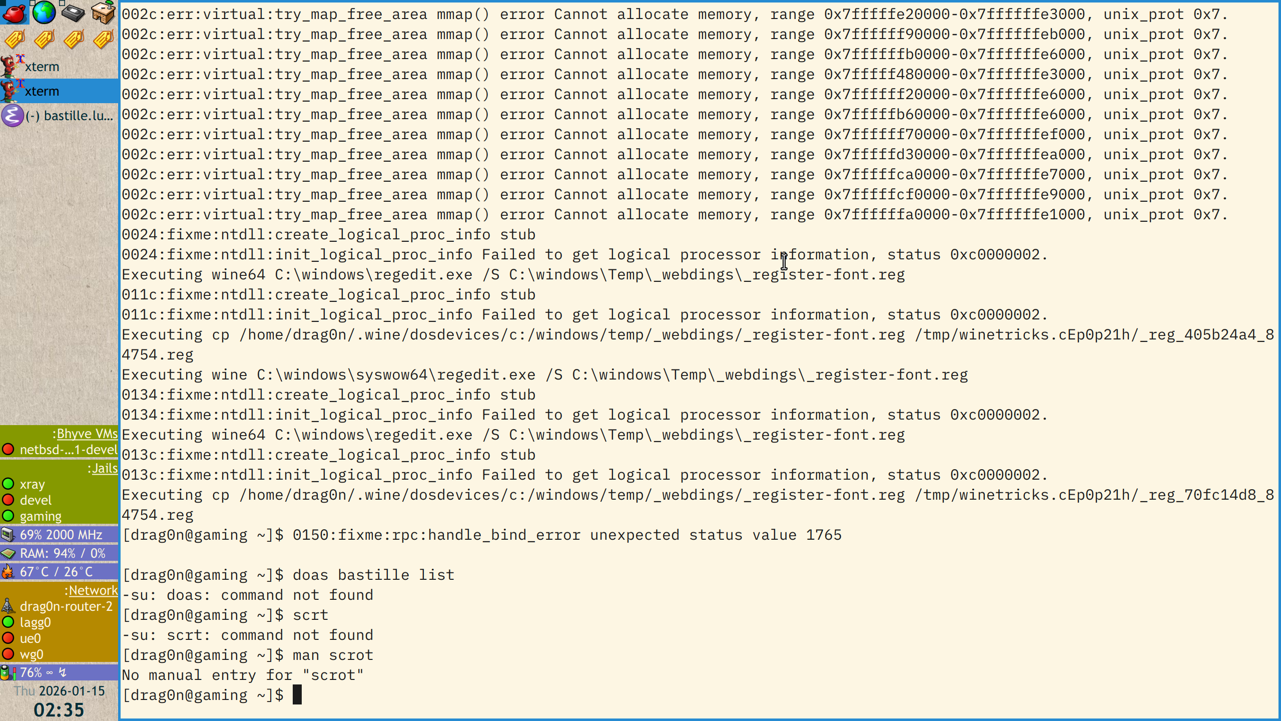 Log of "wine -q corefonts" in the FreeBSD jail. There are xterm with the log and the AwesomeWM with a vertical left main bar with some widgets, list of opened windows and clock.