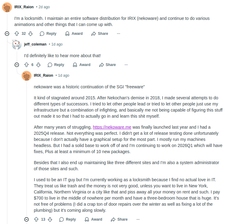 Screenshot of Reddit comments thread (https://www.reddit.com/r/unix/comments/1qifbur/are_there_any_people_here_that_do_not_work_in/) that sadly doesn't fit to AltText character limit.