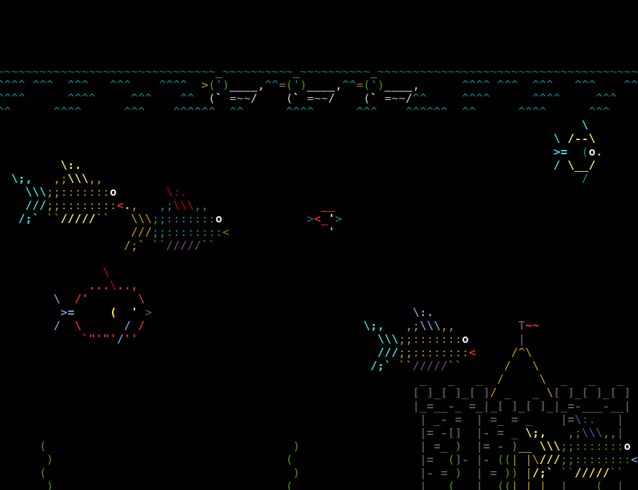 a screenshot of a text console, showing an animated aquarium with colored ascii characters