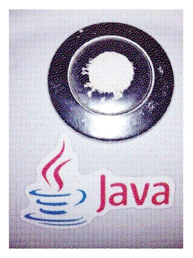 Dithered photo of a toilet flush with Java sticker on it.