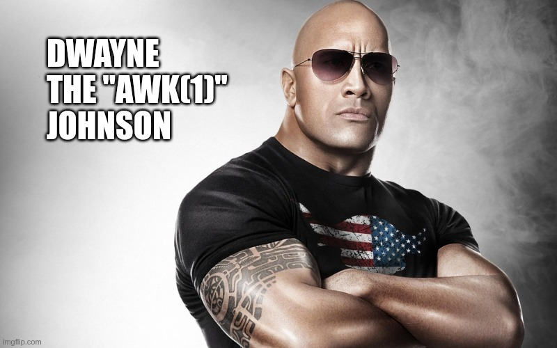 Dwayne "The Rock" Johnson, with muscular arms crossed and a serious expression on his sunglasses-wearing face. Caption: Dwayne the "awk(1)" Johnson.