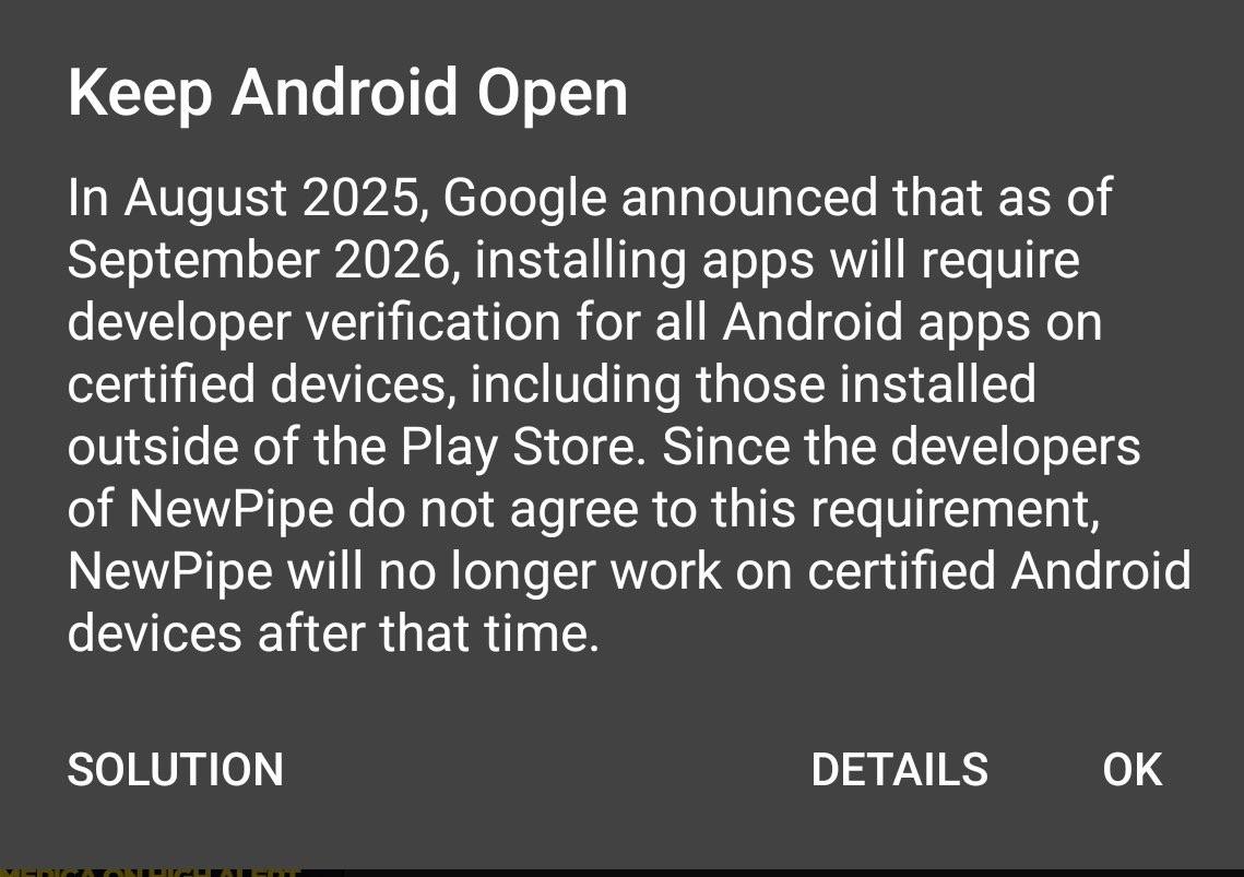 An informational message about a future change from Google regarding app installation on Android devices. It states that from September 2026, developer verification will be required for all apps on certified devices, including those installed outside the Play Store. It mentions that the New