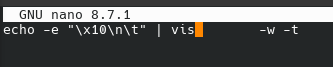 Screenshot: an amber alert for a non-printing character, pasted to GNU nano 8.7.1.