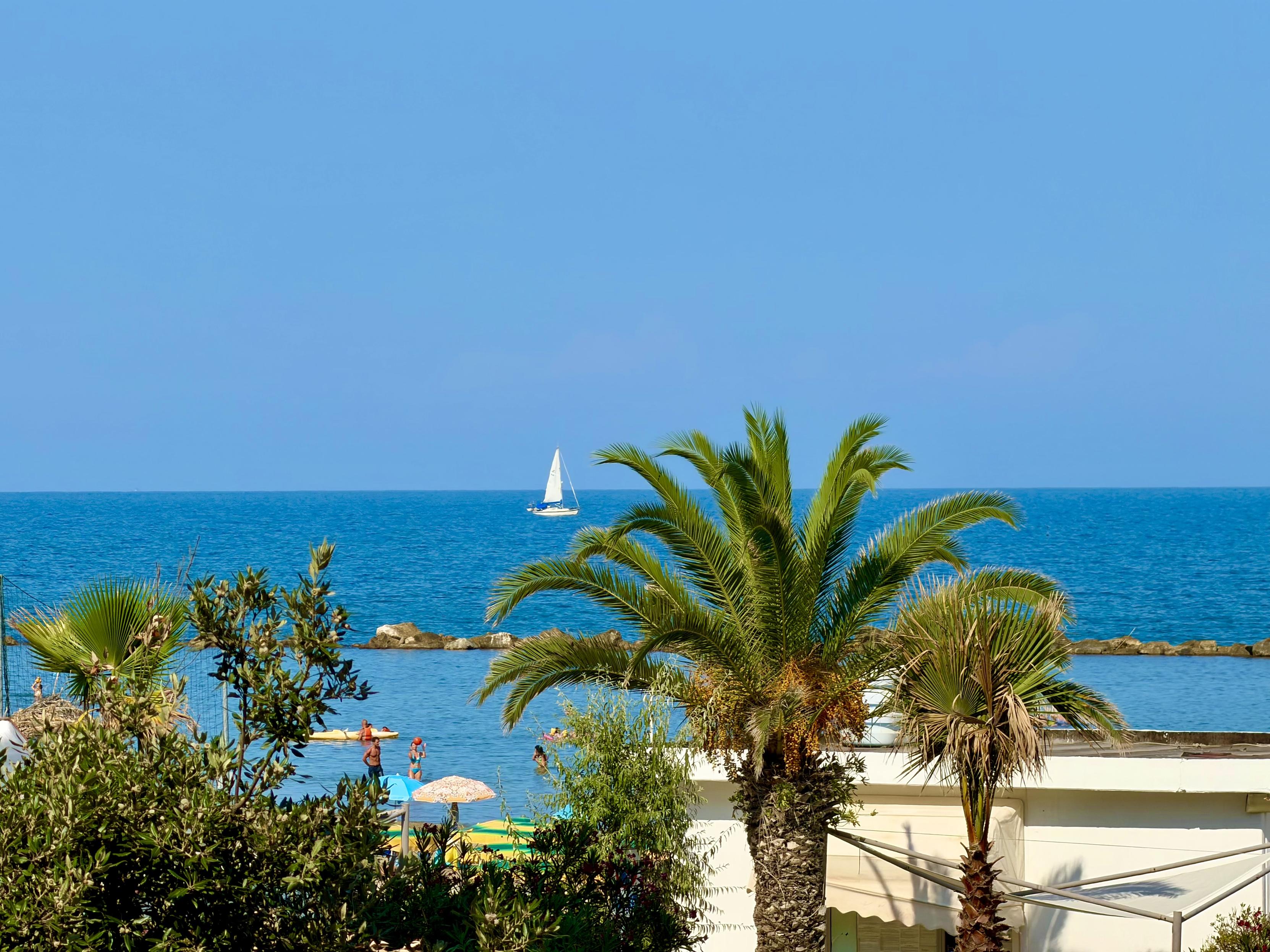 A vibrant coastal scene under a cloudless, deep blue sky, featuring lush green palm trees in the foreground. In the background, bright turquoise sea waters stretch to the horizon, dotted with a small white sailboat and beachgoers enjoying the sunny summer day, radiating rich, vivid colours and a feeling of warmth and positivity.