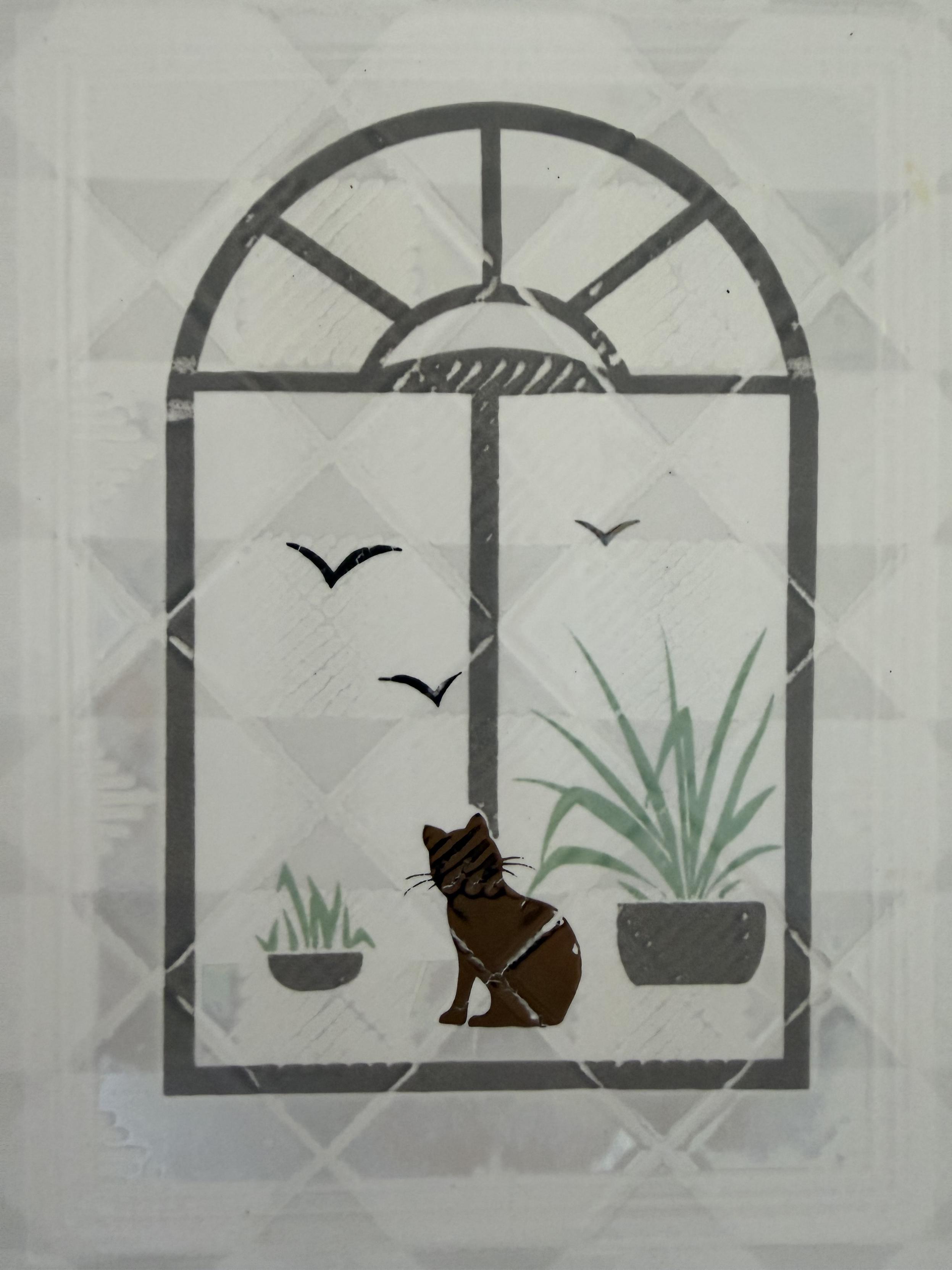 Decorative ceramic tile depicting a brown cat sitting by an arched window, with two potted green plants and three birds flying outside.